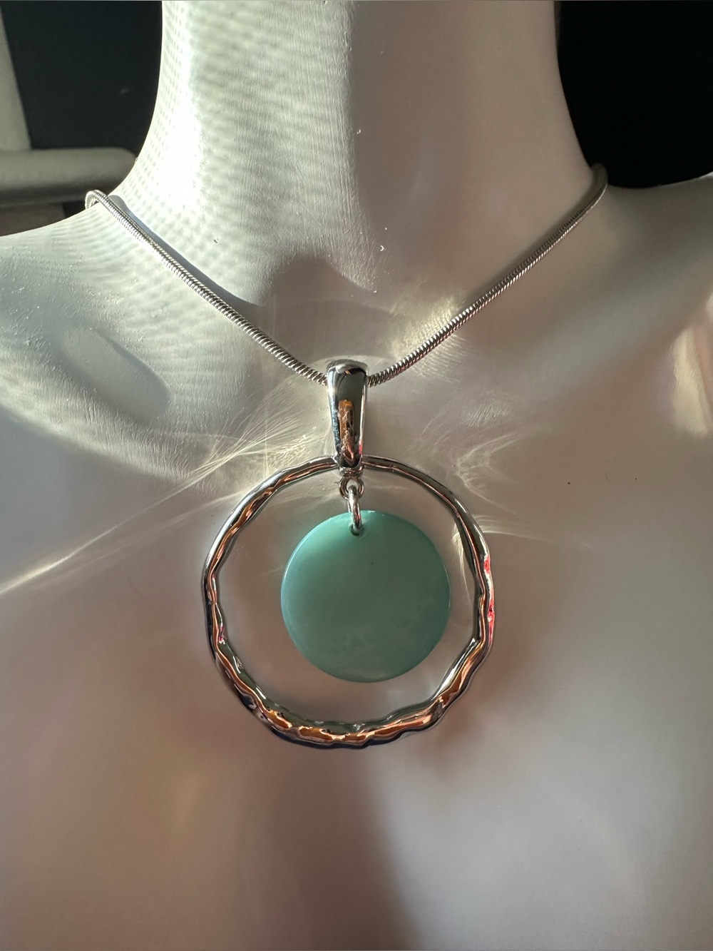 LIA SOPHIA Silver Circle Pendant Seafoam Green Accent. Silver Round Snake Chain